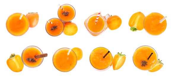 Image of Set with tasty persimmon smoothies on white background, top view. Banner design