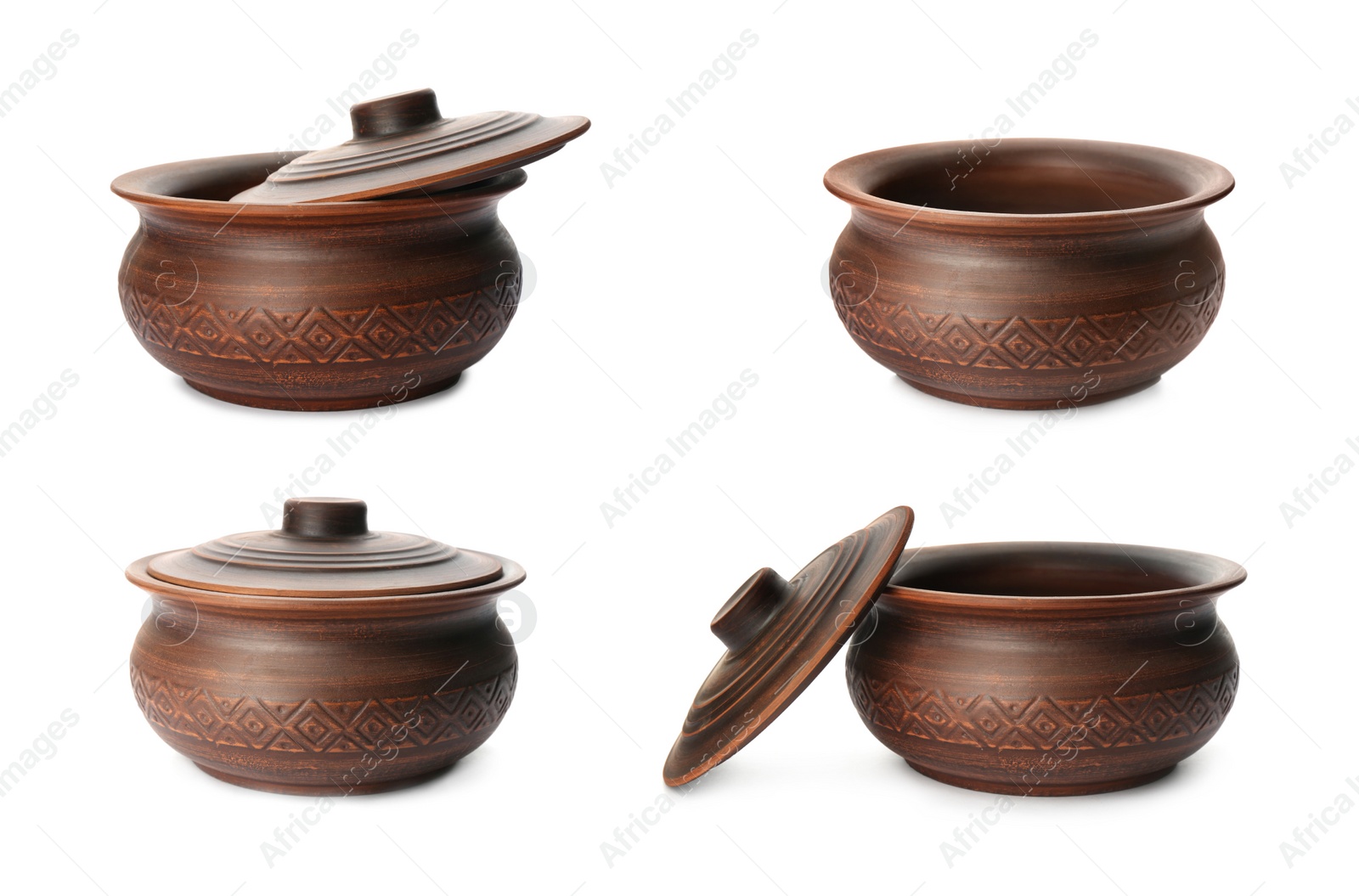 Image of Set with clay pots on white background