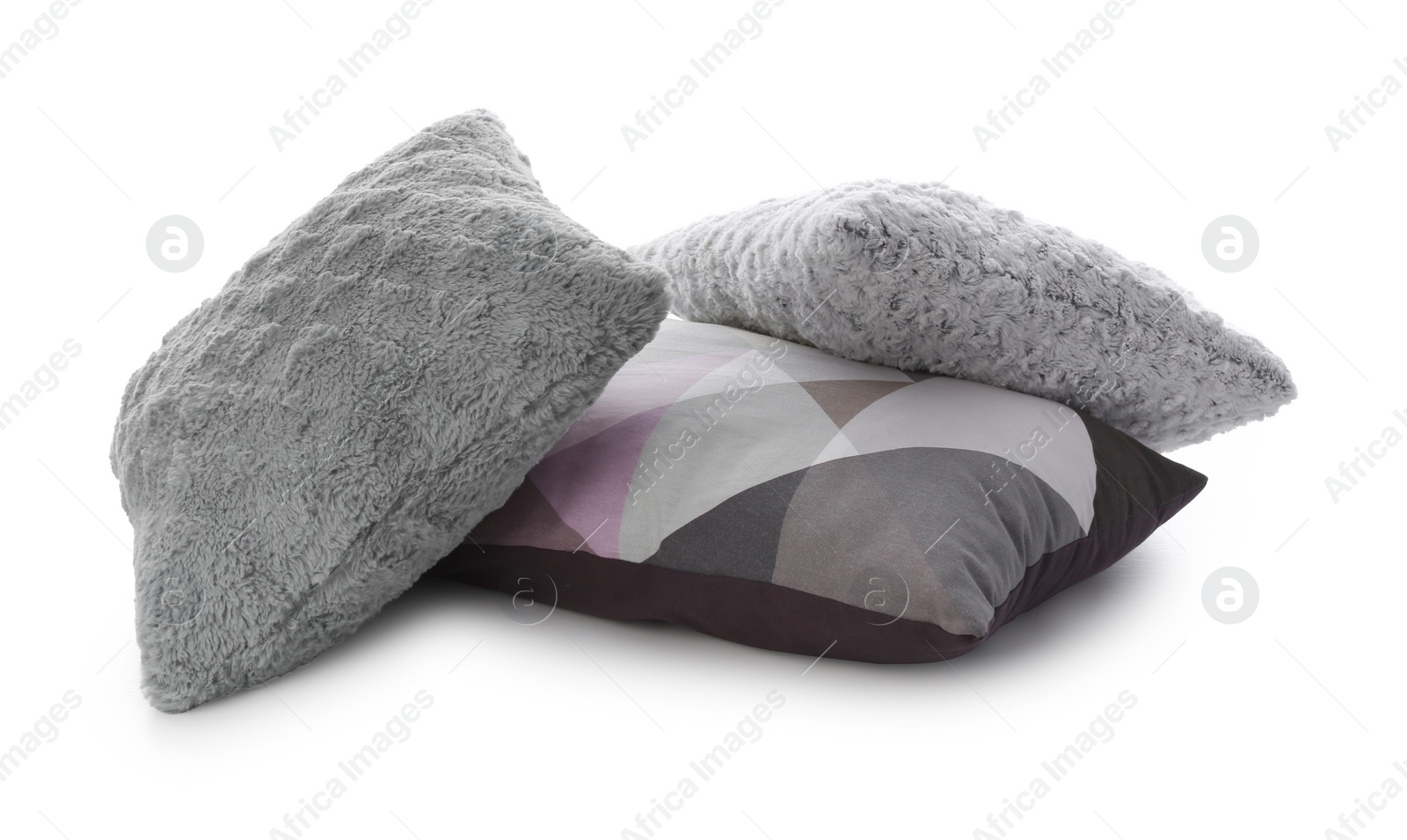 Photo of Different colorful pillows on white background