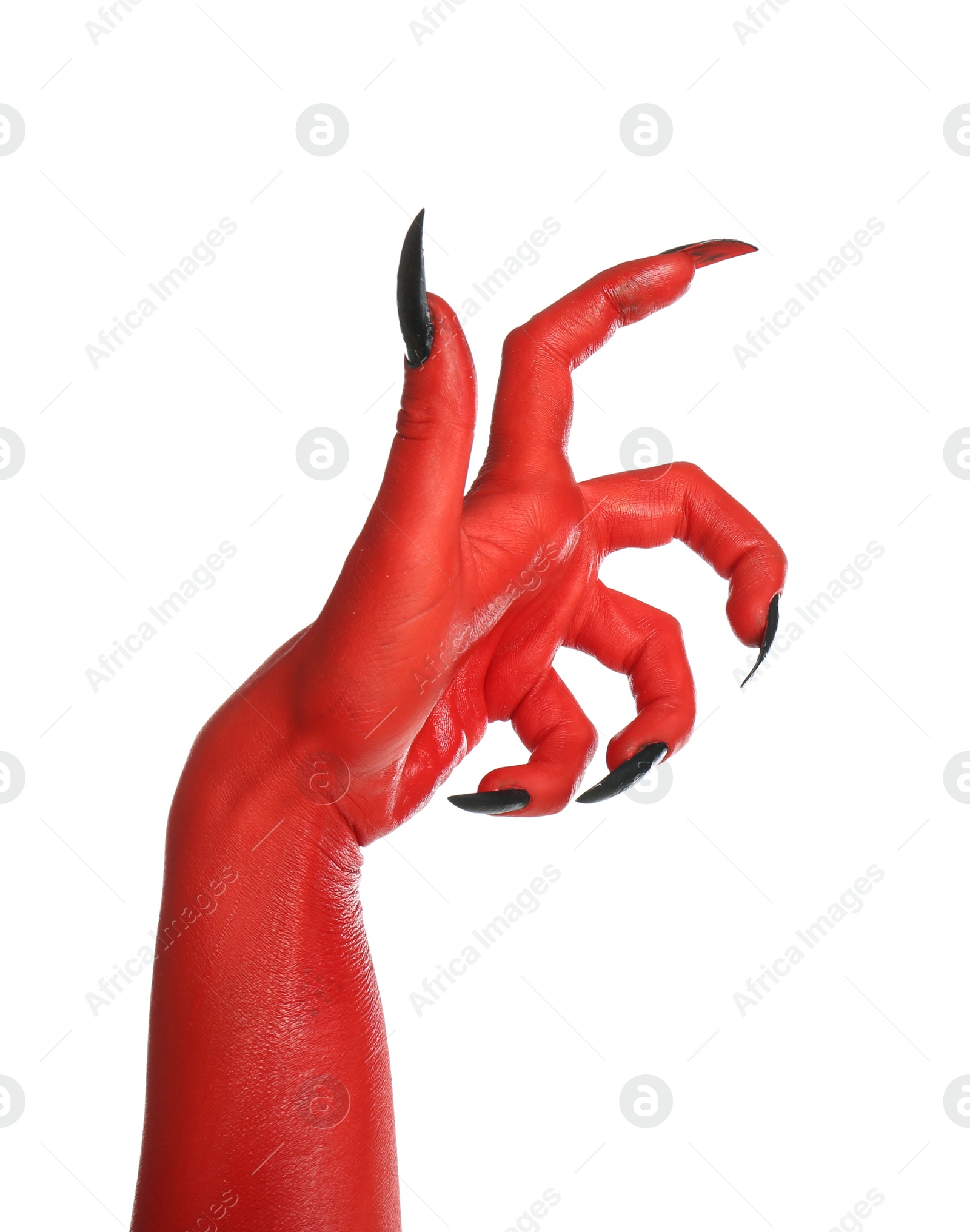 Photo of Scary monster on white background, closeup of hand. Halloween character