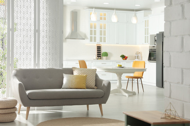 Photo of Stylish apartment interior with modern kitchen. Idea for design