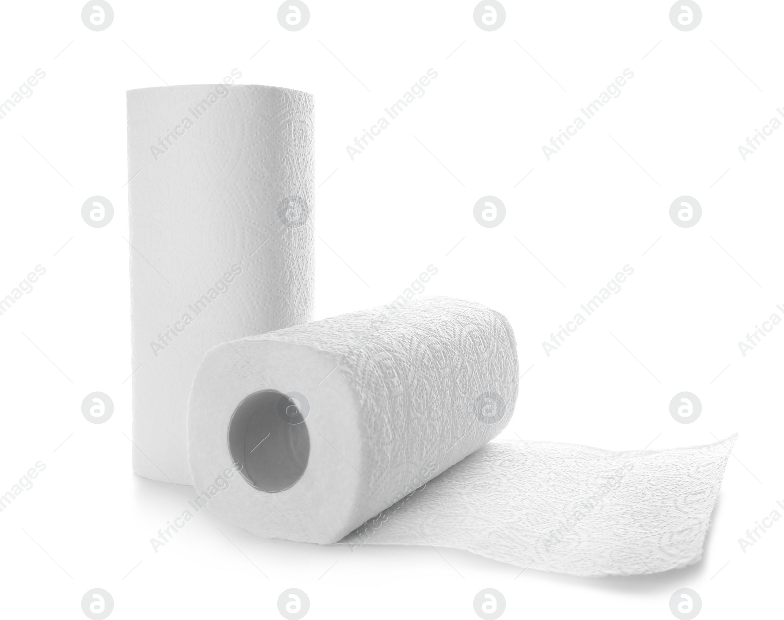 Photo of Rolls of paper towels on white background