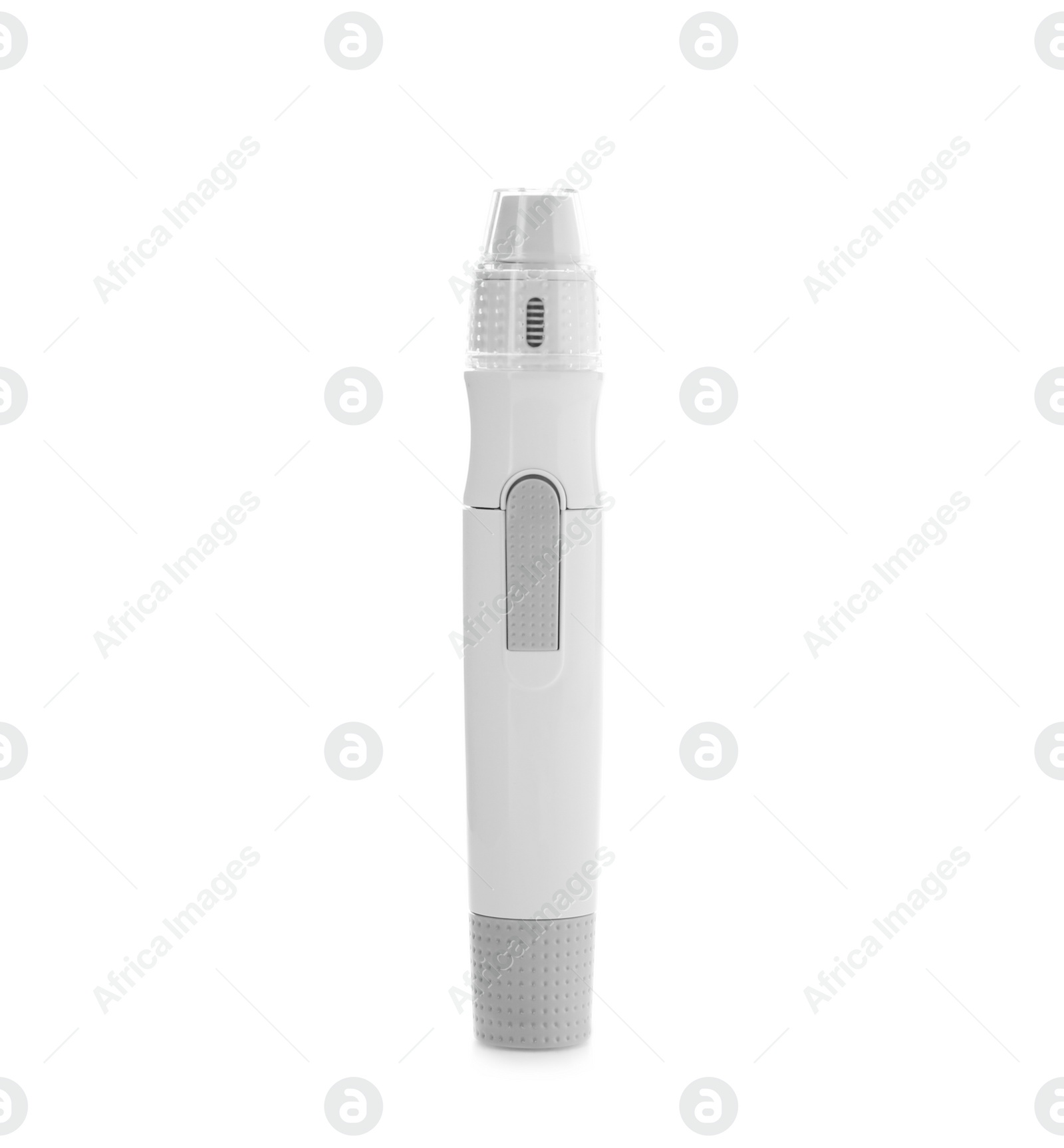 Photo of Lancet pen on white background. Diabetes concept