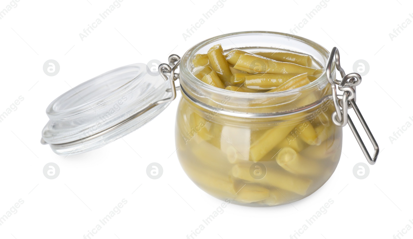 Photo of Canned green beans in jar isolated on white
