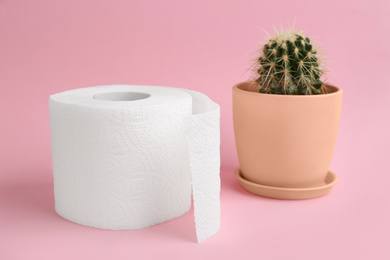 Roll of toilet paper and cactus on pink background. Hemorrhoid problems