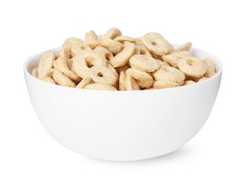 Photo of Tasty cereal rings in bowl isolated on white