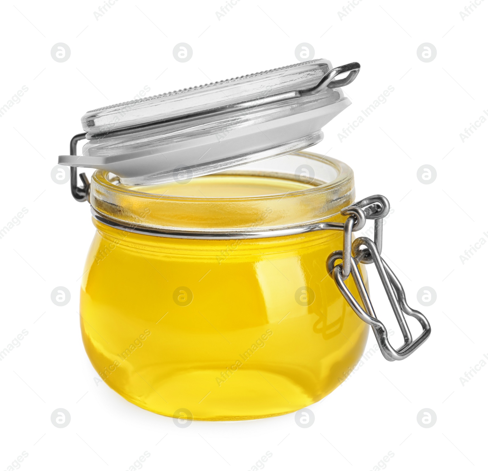 Photo of Tasty jelly dessert in glass jar on white background