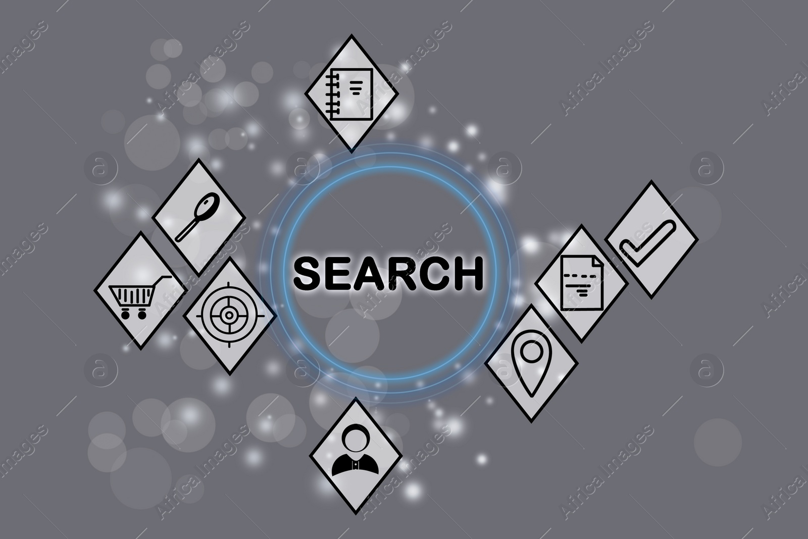 Illustration of Search inquiries. Set of different icons on grey background