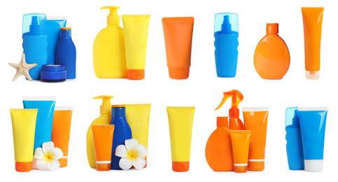 Image of Set with sun protection cosmetic products on white background. Banner design