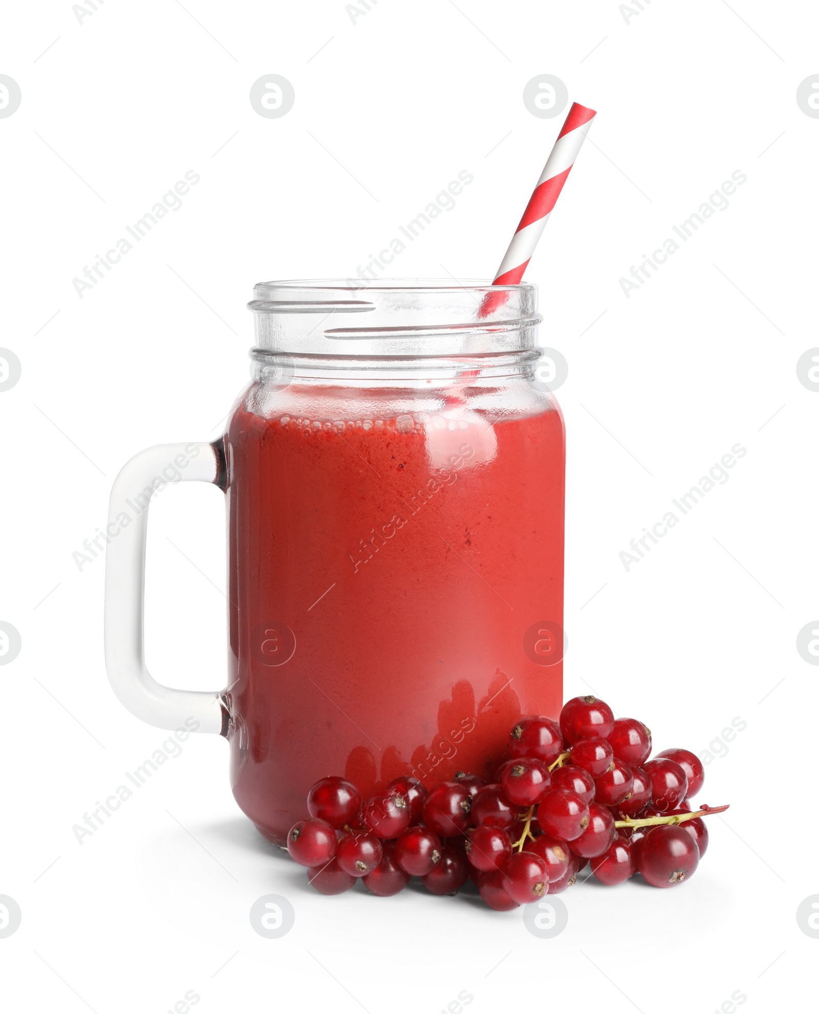 Photo of Mason jar of tasty currant smoothie and fresh fruits on white background