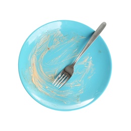Photo of Dirty dish and fork on white background, top view. Household chores