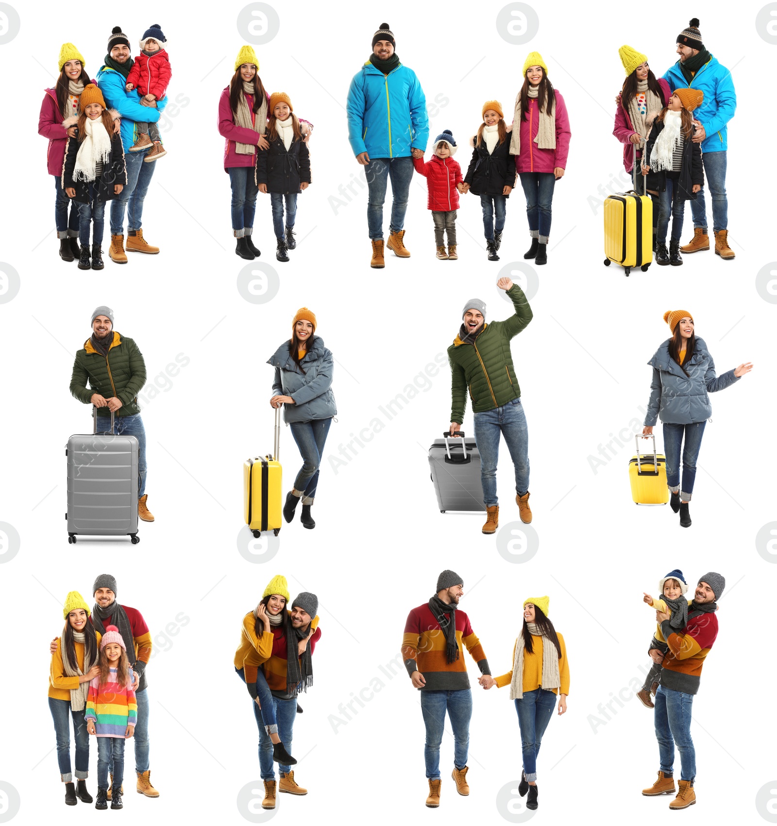 Image of Collage with photos of people wearing warm clothes on white background. Winter vacation 