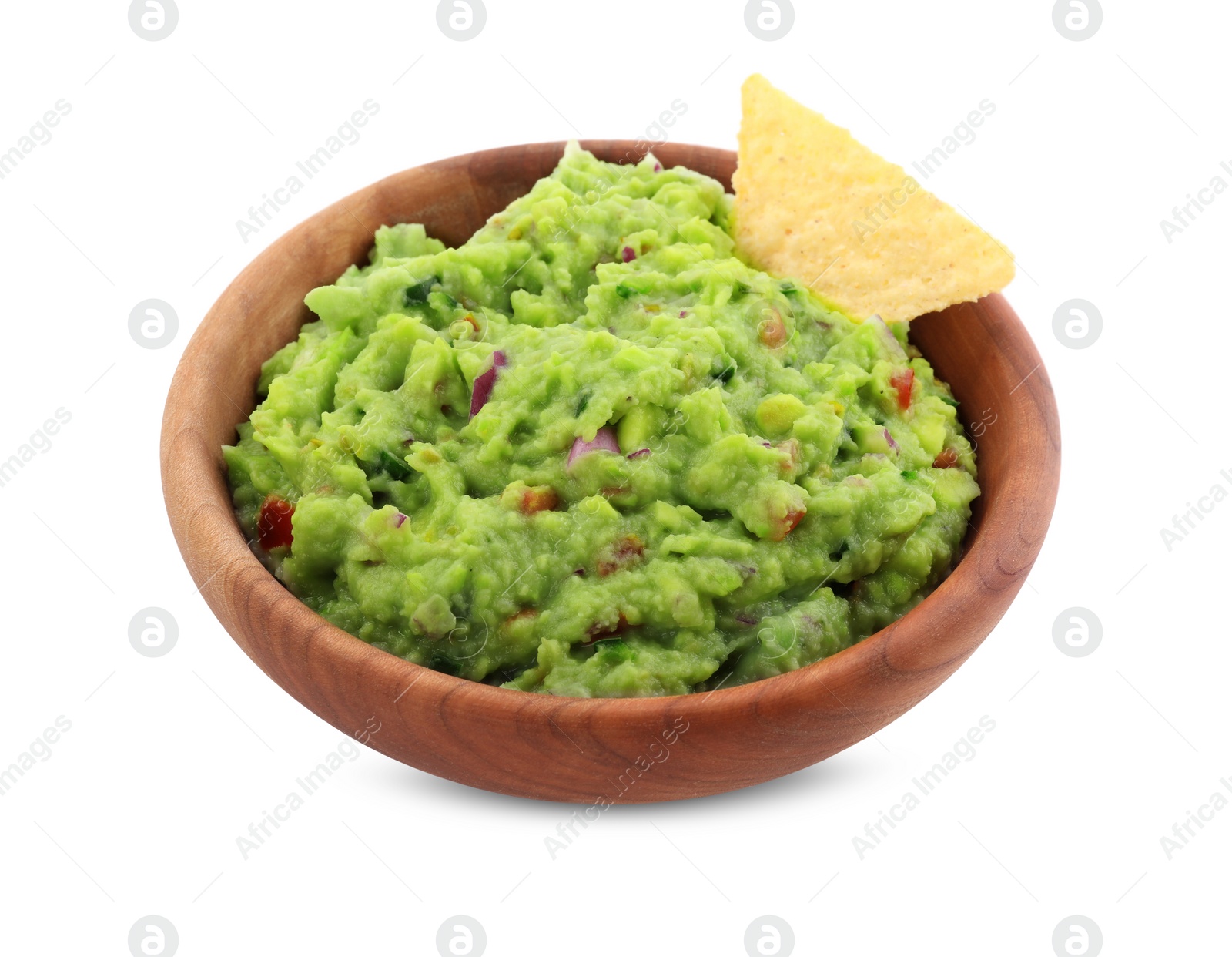 Photo of Bowl of delicious guacamole with nachos chips isolated on white