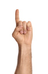 Photo of Man pointing at something on white background, closeup. Finger gesture