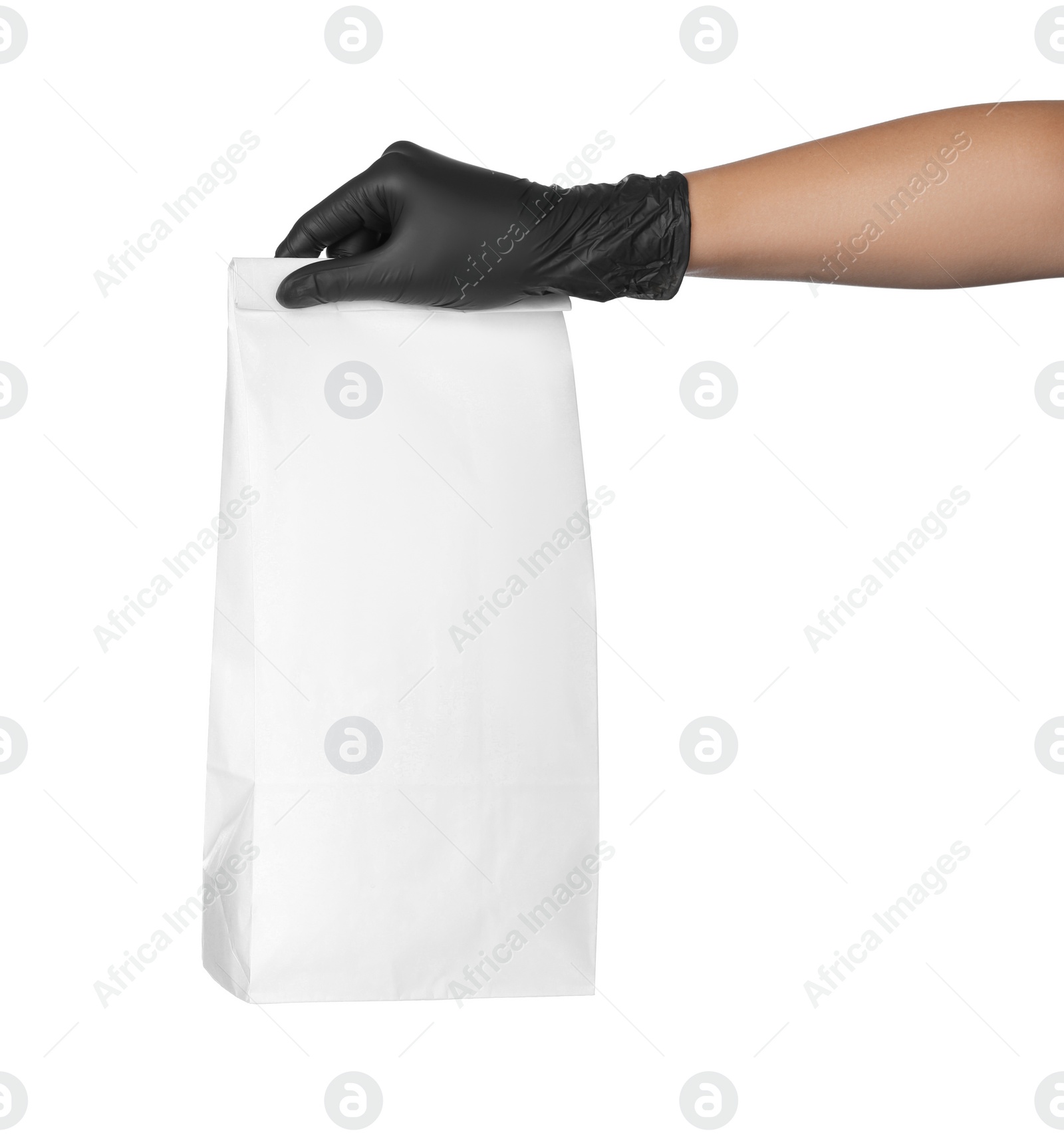 Photo of Woman holding paper bag on white background, closeup