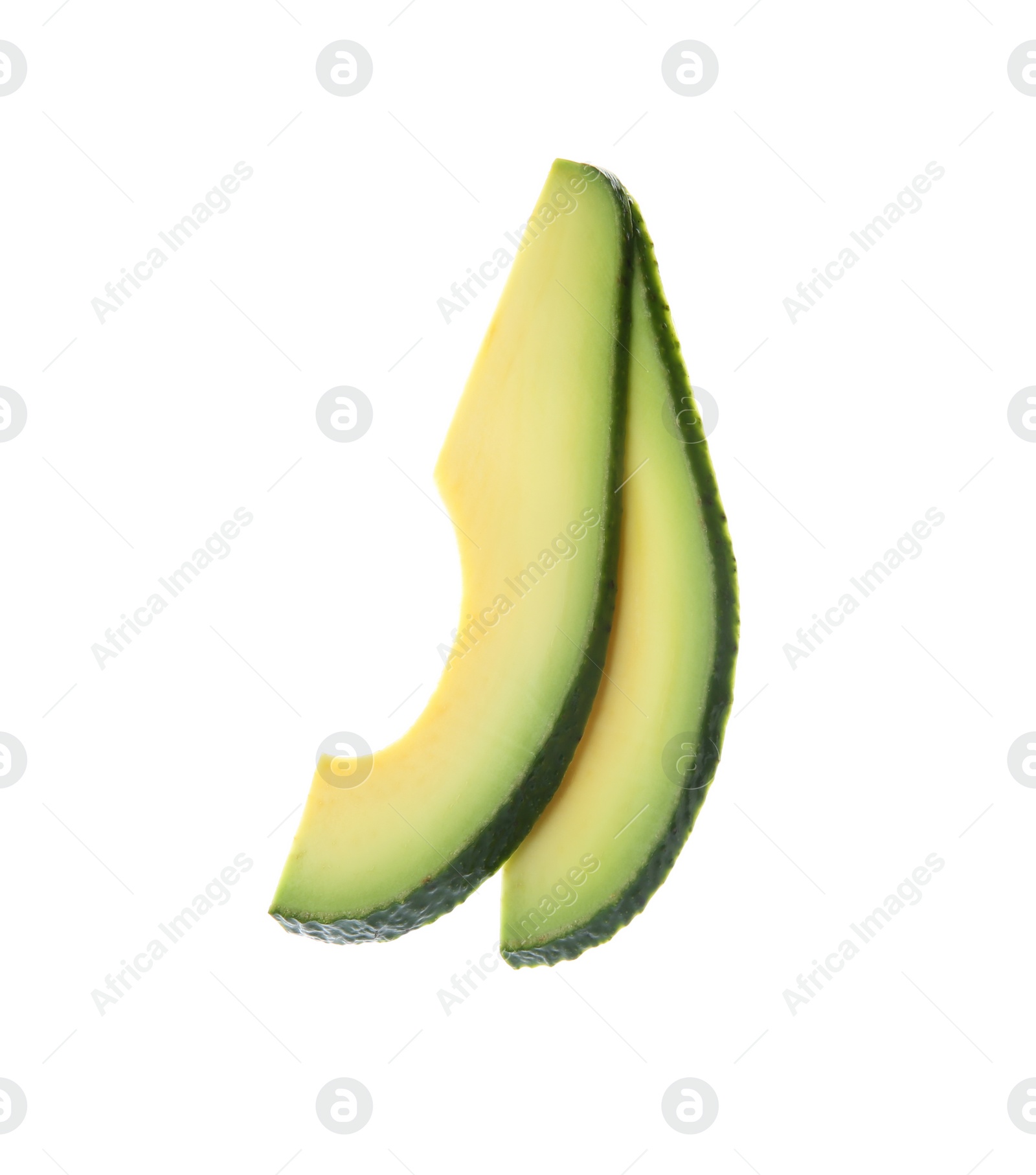 Photo of Slices of ripe avocado on white background