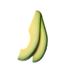 Slices of ripe avocado on white background