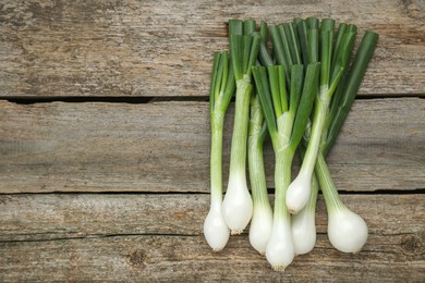 Photo of Whole green spring onions on wooden table, flat lay. Space for text