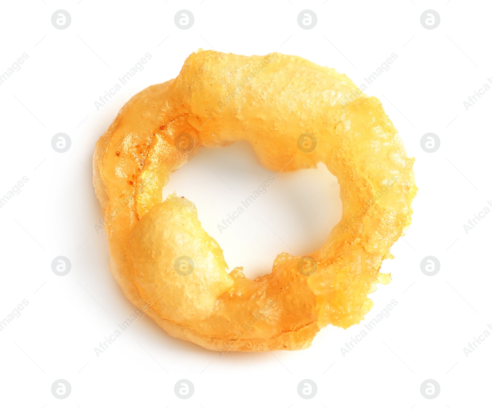 Photo of Delicious golden breaded and deep fried crispy onion ring on white background