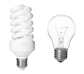 Image of Comparison of two different light bulbs on white background, collage
