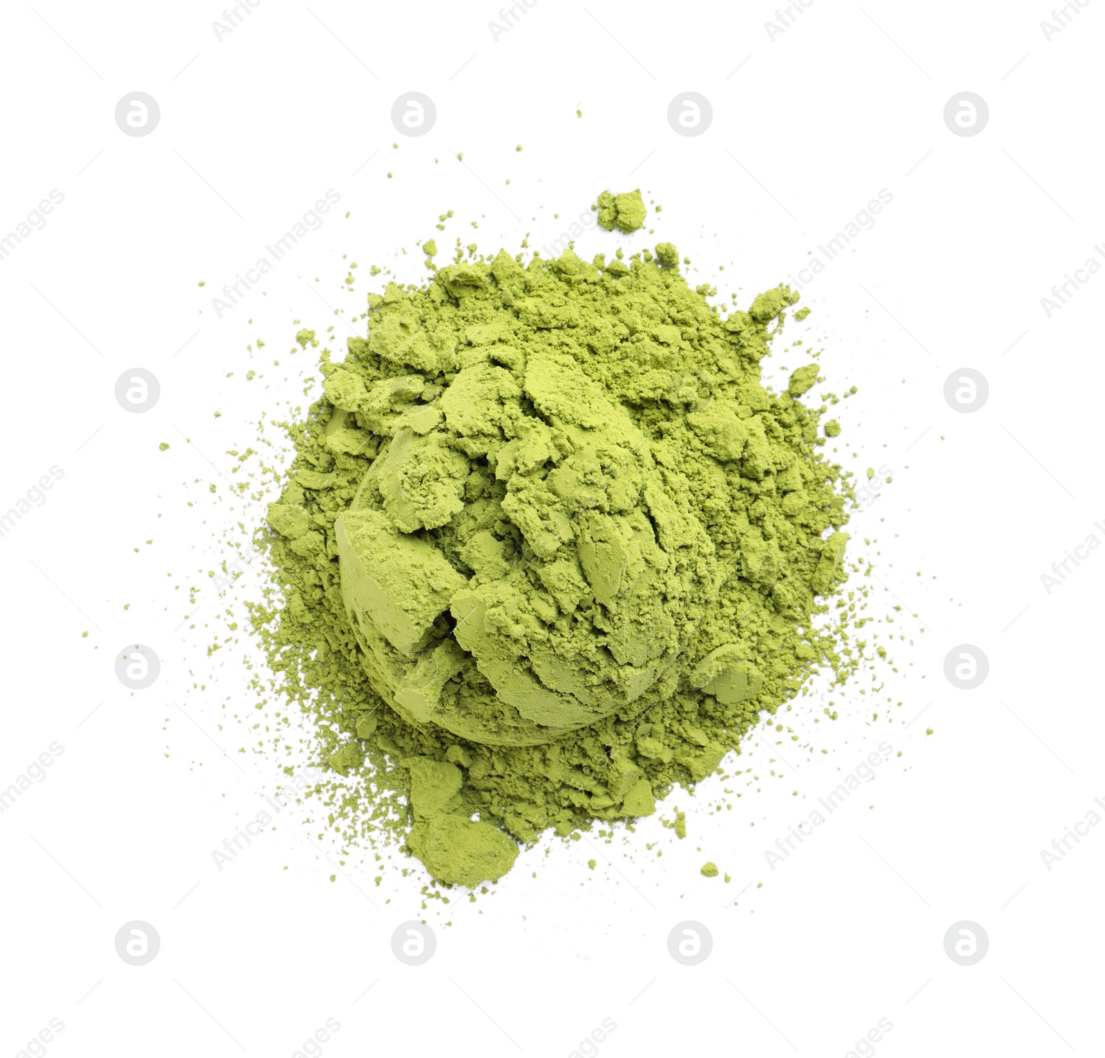 Photo of Pile of green matcha powder isolated on white, top view