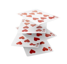 Photo of Different playing cards floating on white background. Poker game