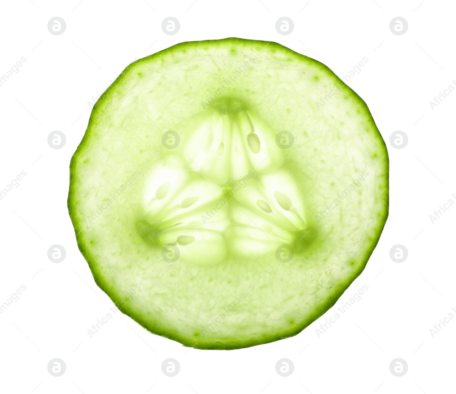 Photo of Slice of ripe cucumber on white background, top view