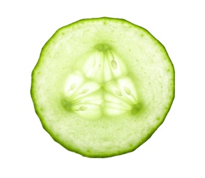 Photo of Slice of ripe cucumber on white background, top view