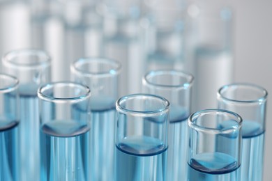 Photo of Many glass test tubes on light background, closeup