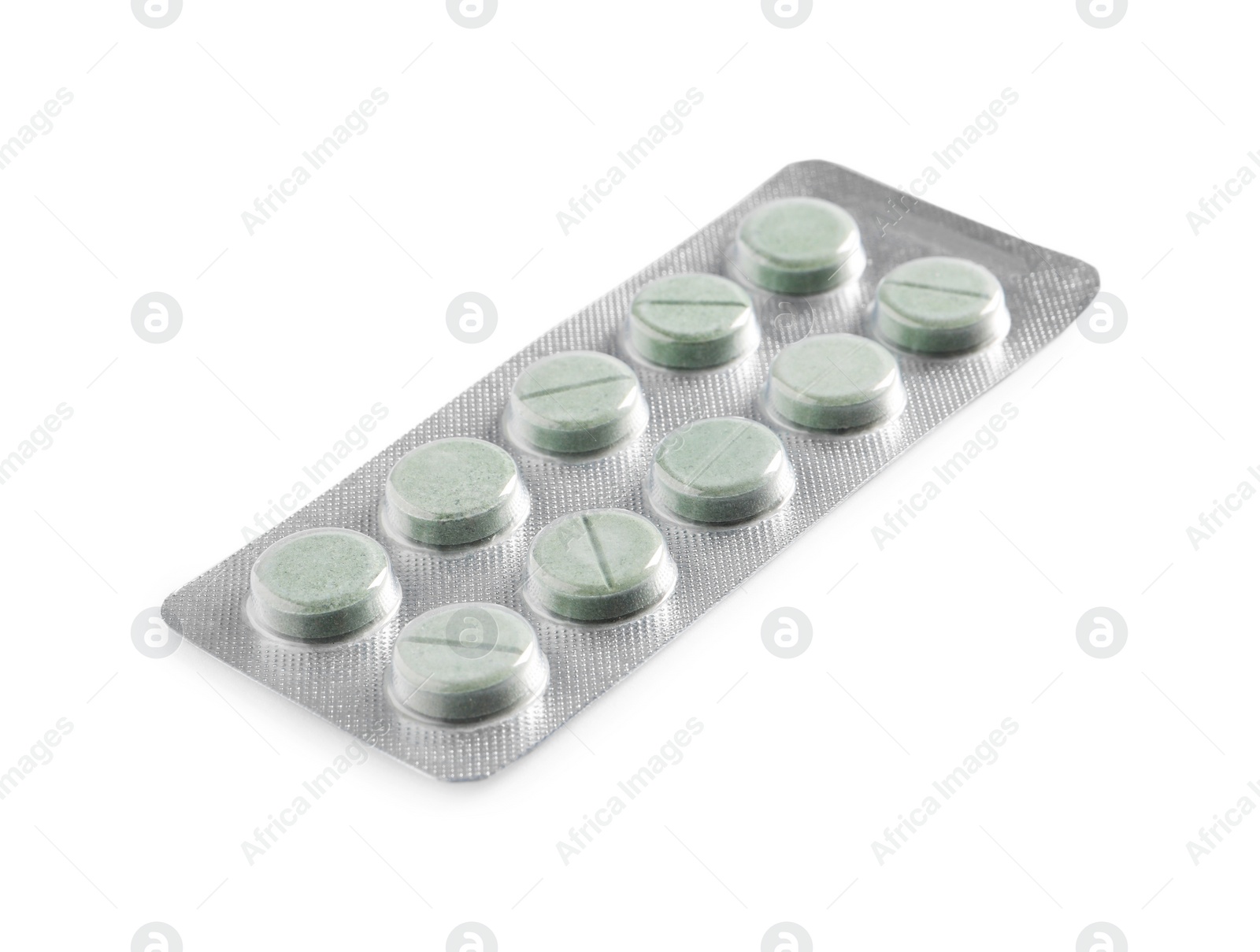 Photo of Blister of pills on white background. Medicinal treatment