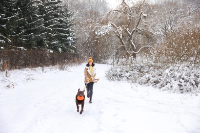 Photo of Woman and her dog playing with flying disk in snowy park