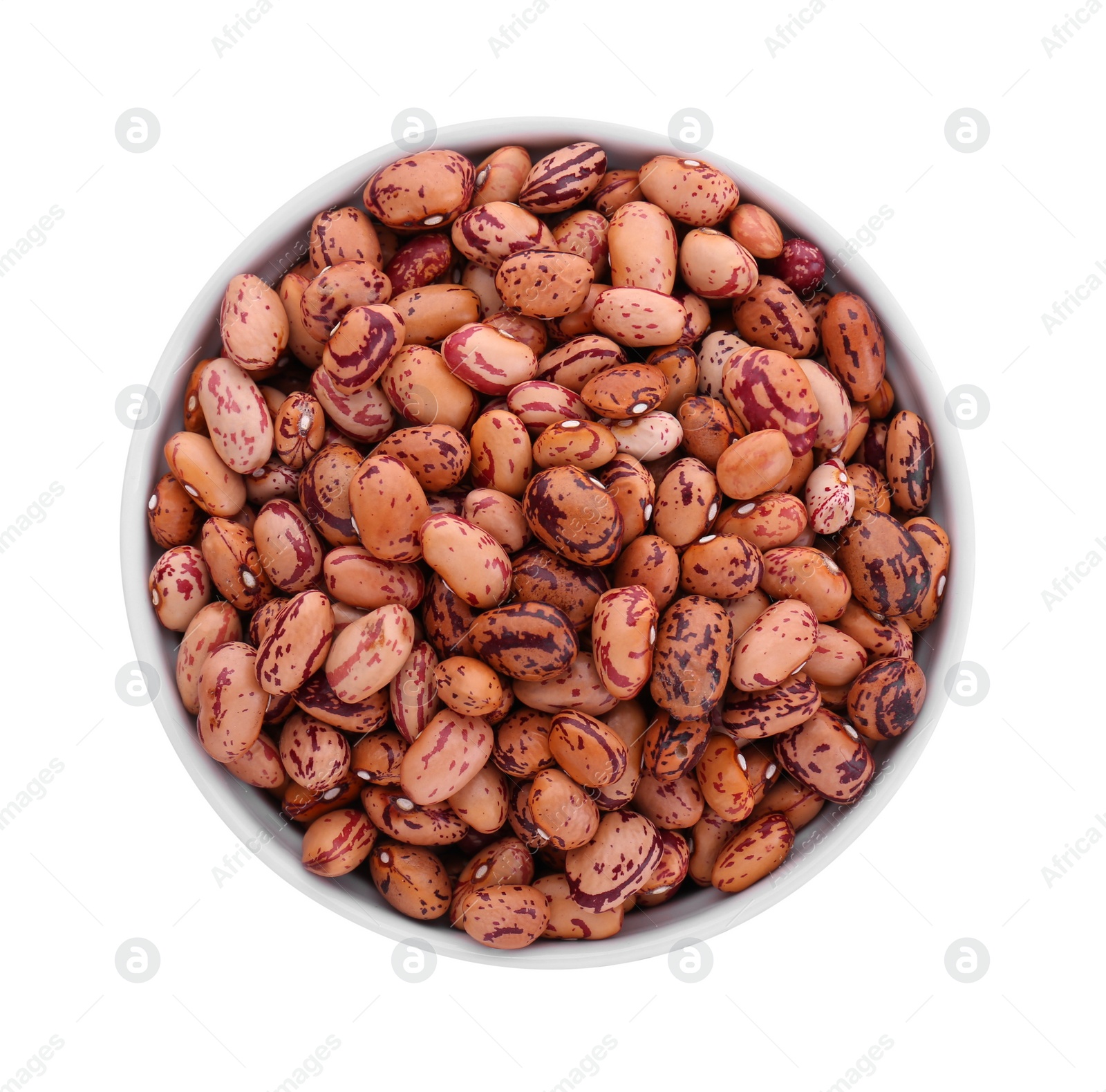 Photo of Bowl with dry kidney beans isolated on white, top view