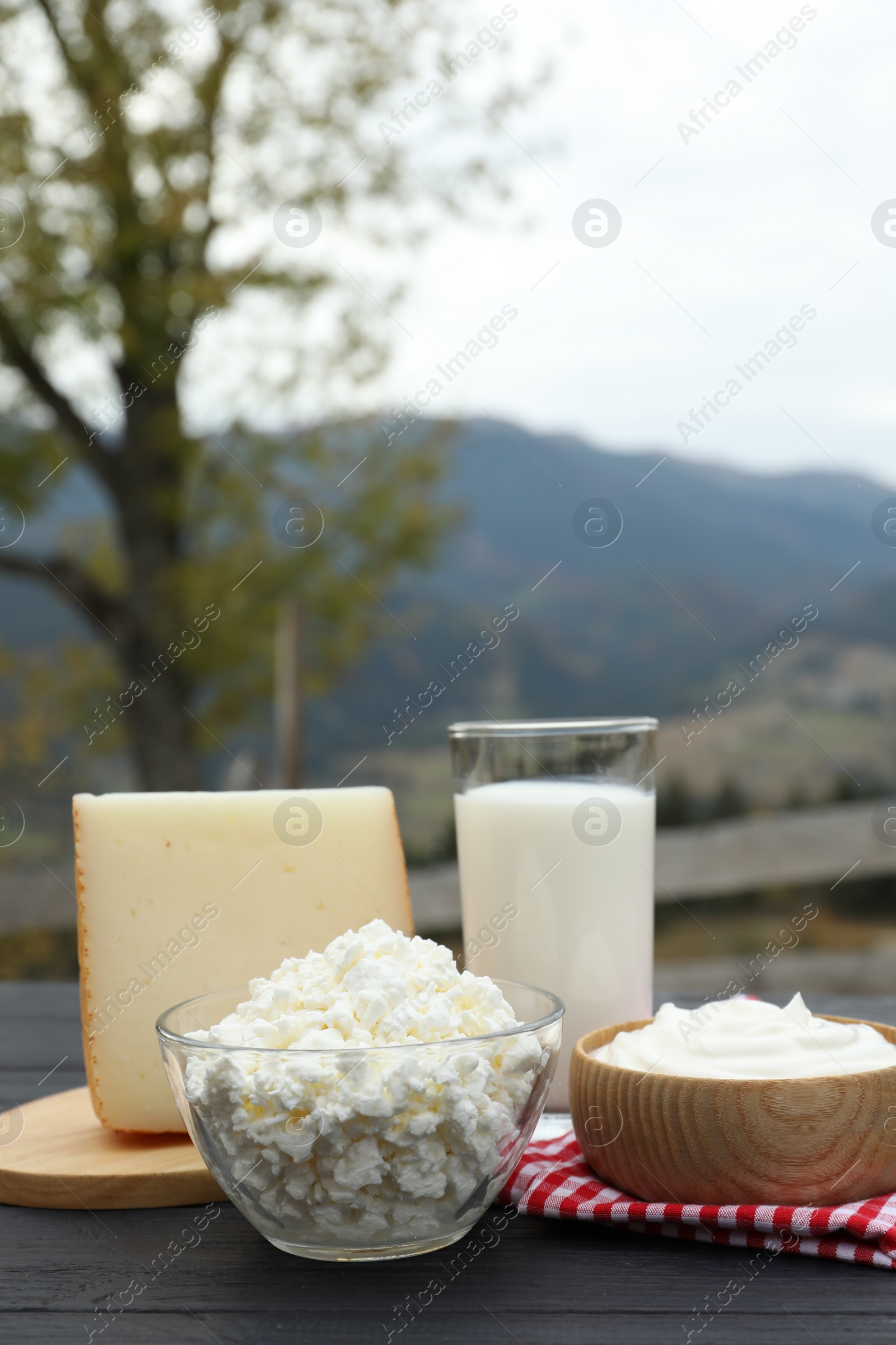 Photo of Tasty cottage cheese and other fresh dairy products on black wooden table in mountains