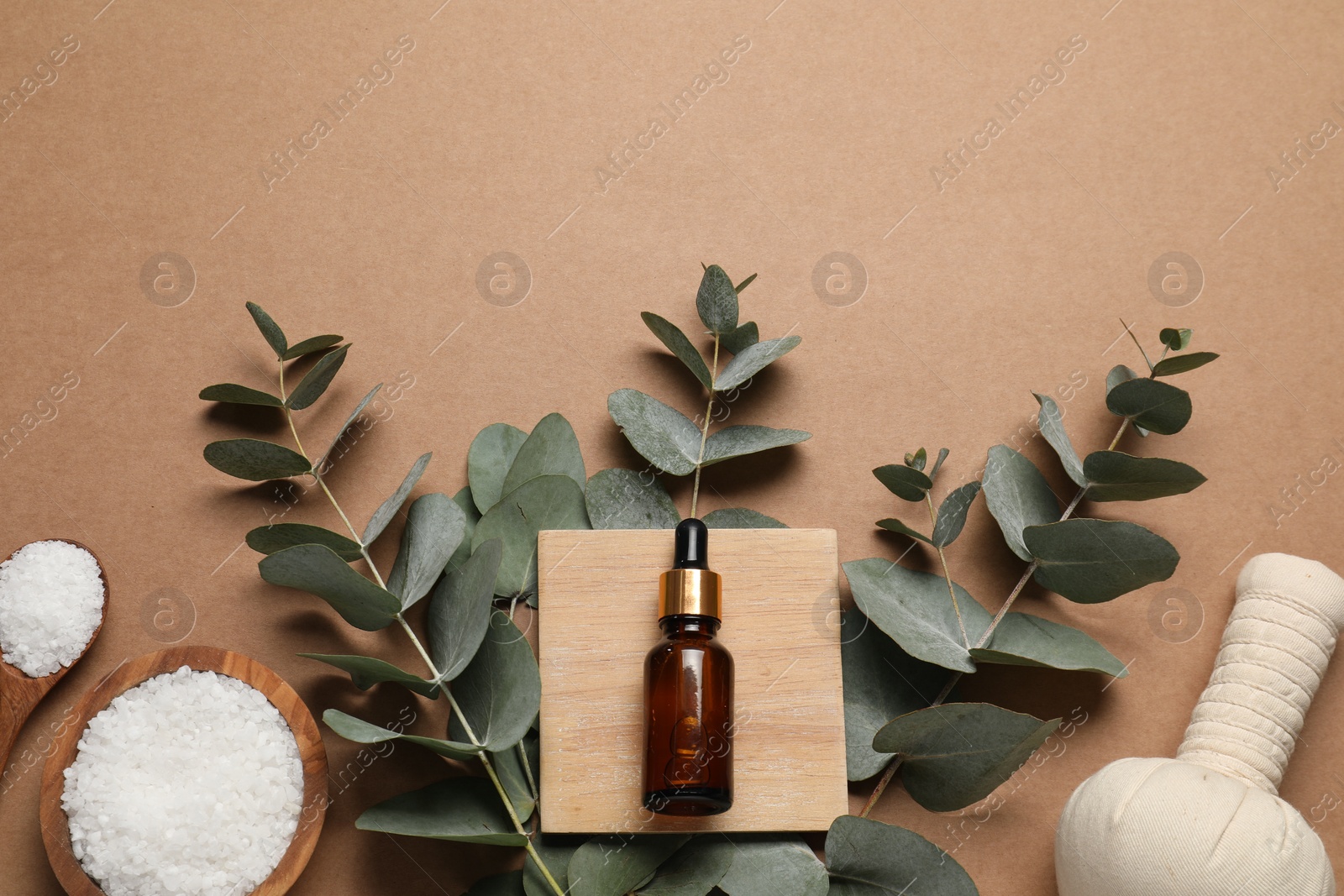 Photo of Different aromatherapy products and eucalyptus branches on brown background, flat lay