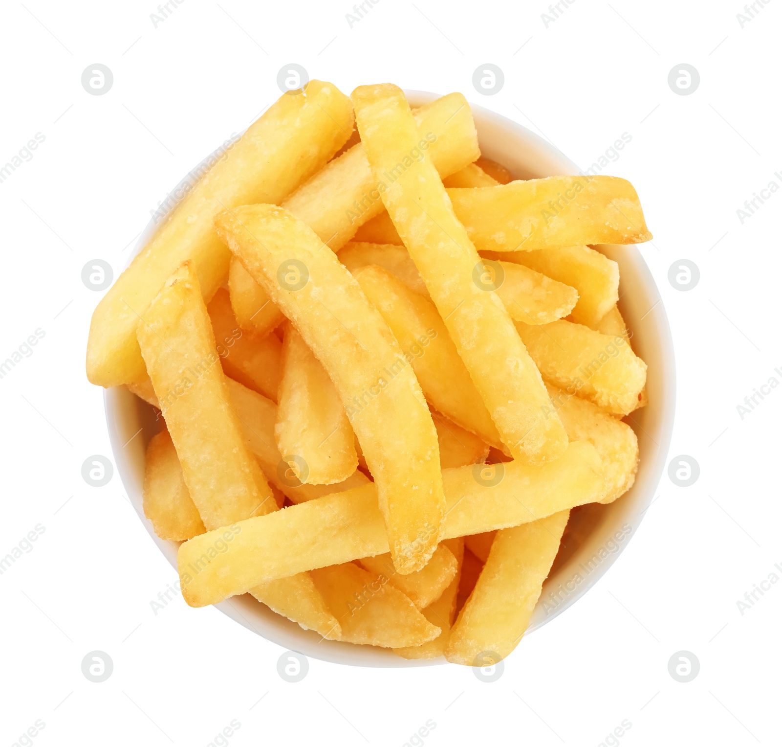 Photo of Bowl with delicious french fries on white background, top view