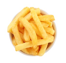 Photo of Bowl with delicious french fries on white background, top view