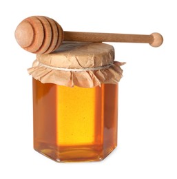 Tasty natural honey in glass jar and dipper isolated on white