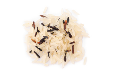 Photo of Mix of brown and polished rice isolated on white, top view