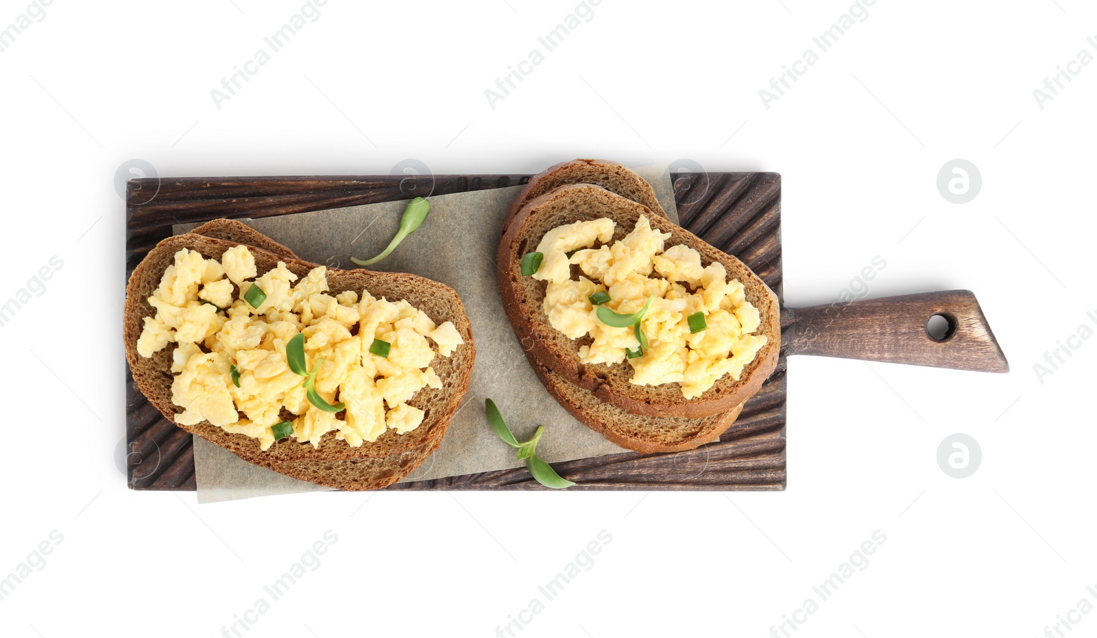 Photo of Tasty scrambled egg sandwiches isolated on white, top view