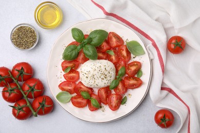 Tasty salad Caprese with mozarella, tomatoes, basil and other ingredients on light table, flat lay