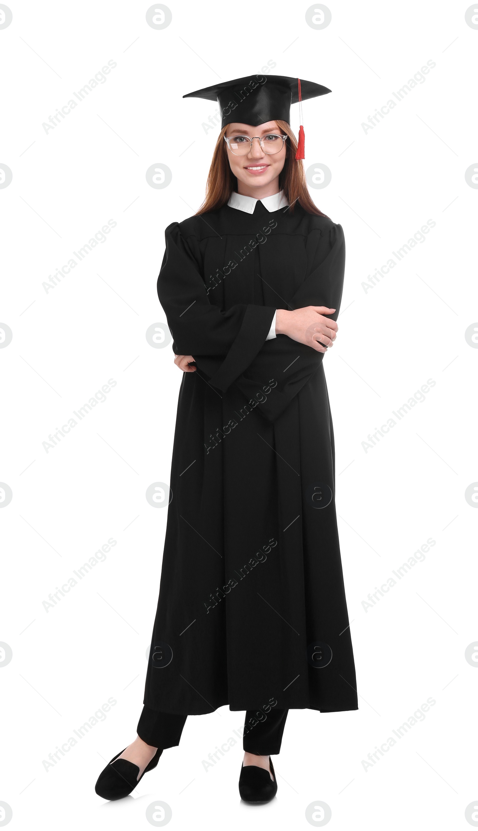 Photo of Happy student wearing graduation hat on white background