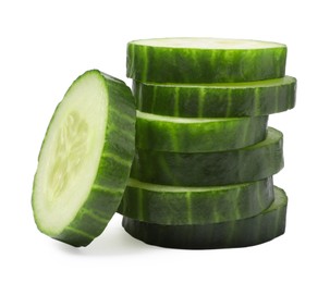 Photo of Stack of fresh cut cucumber isolated on white