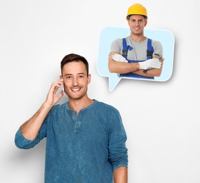 Image of Young man calling professional repairman on white background