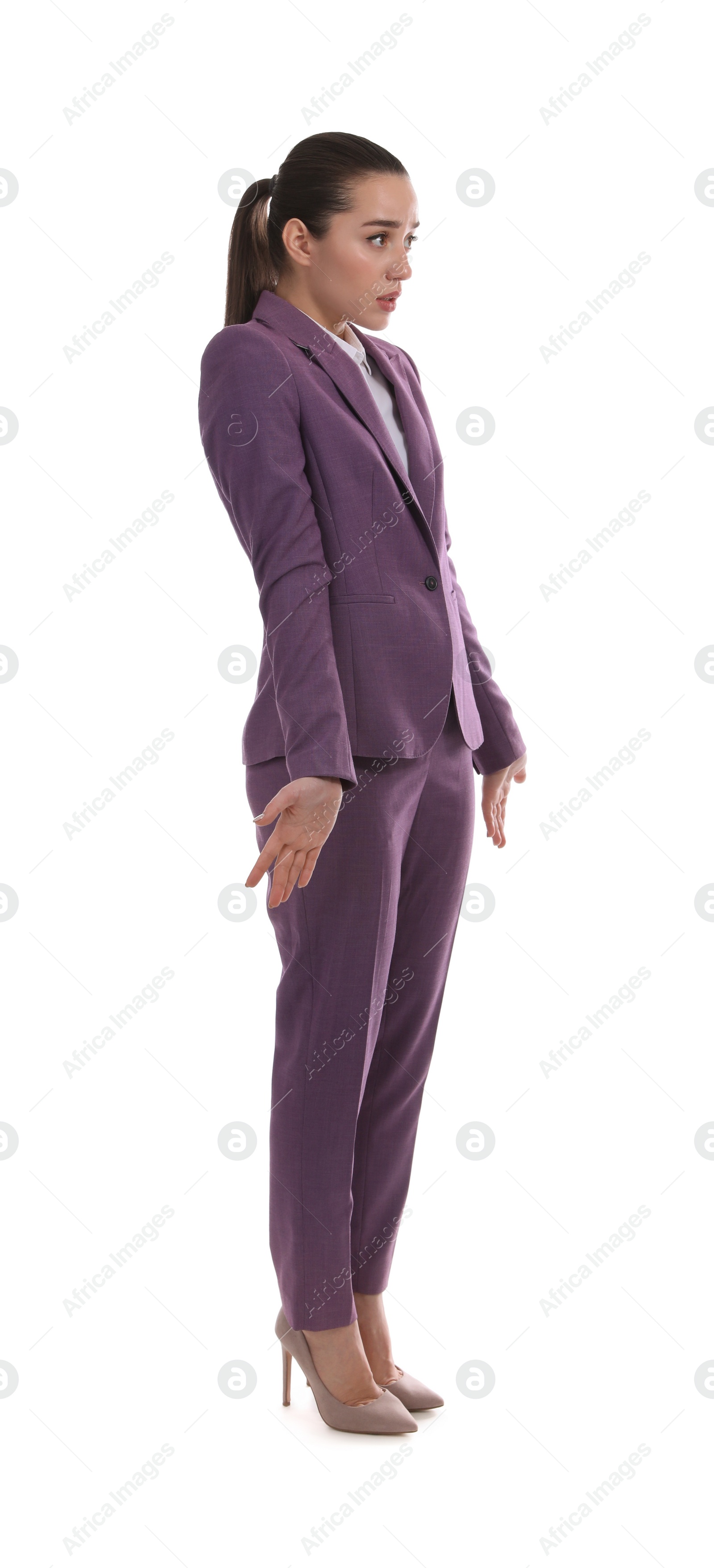 Photo of Emotional woman in suit on white background
