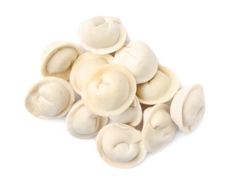 Photo of Pile of raw dumplings on white background, top view