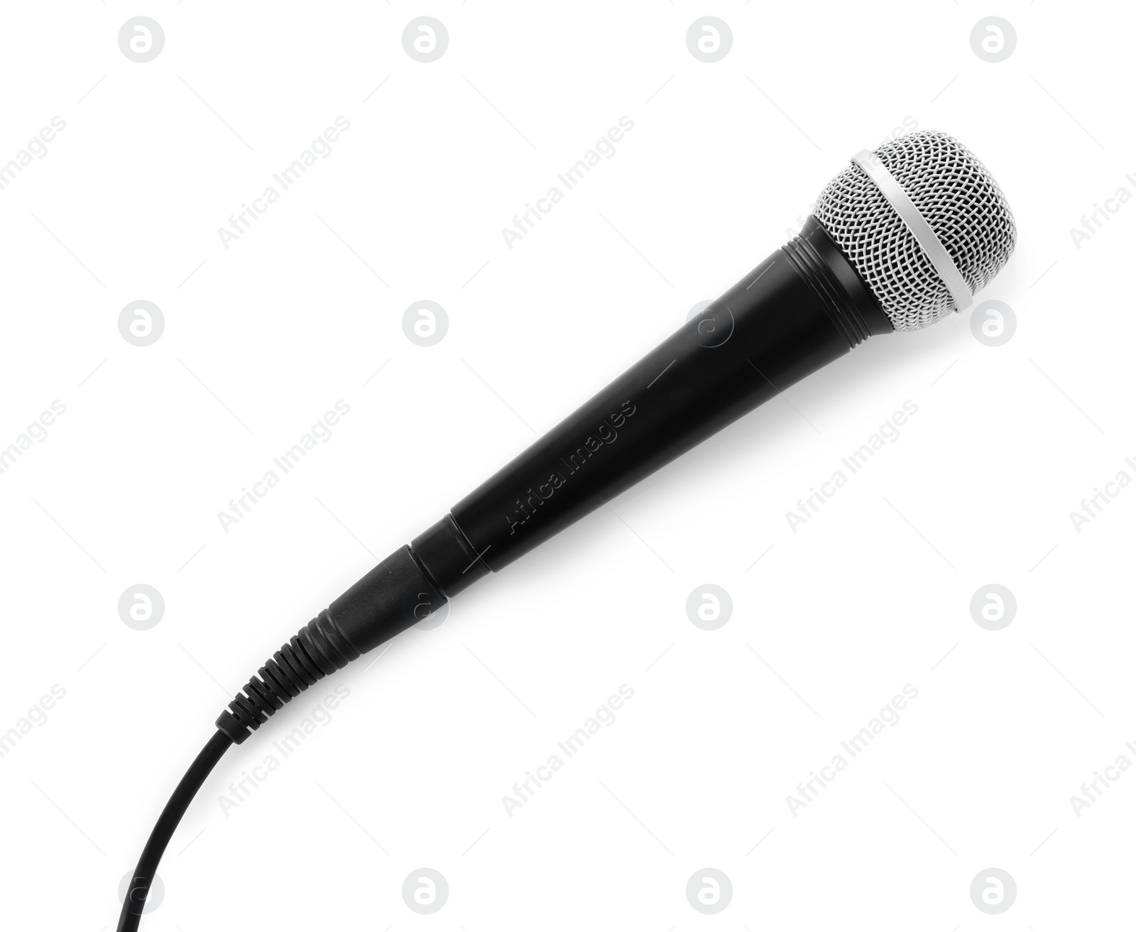 Photo of Microphone with wire on white background, top view