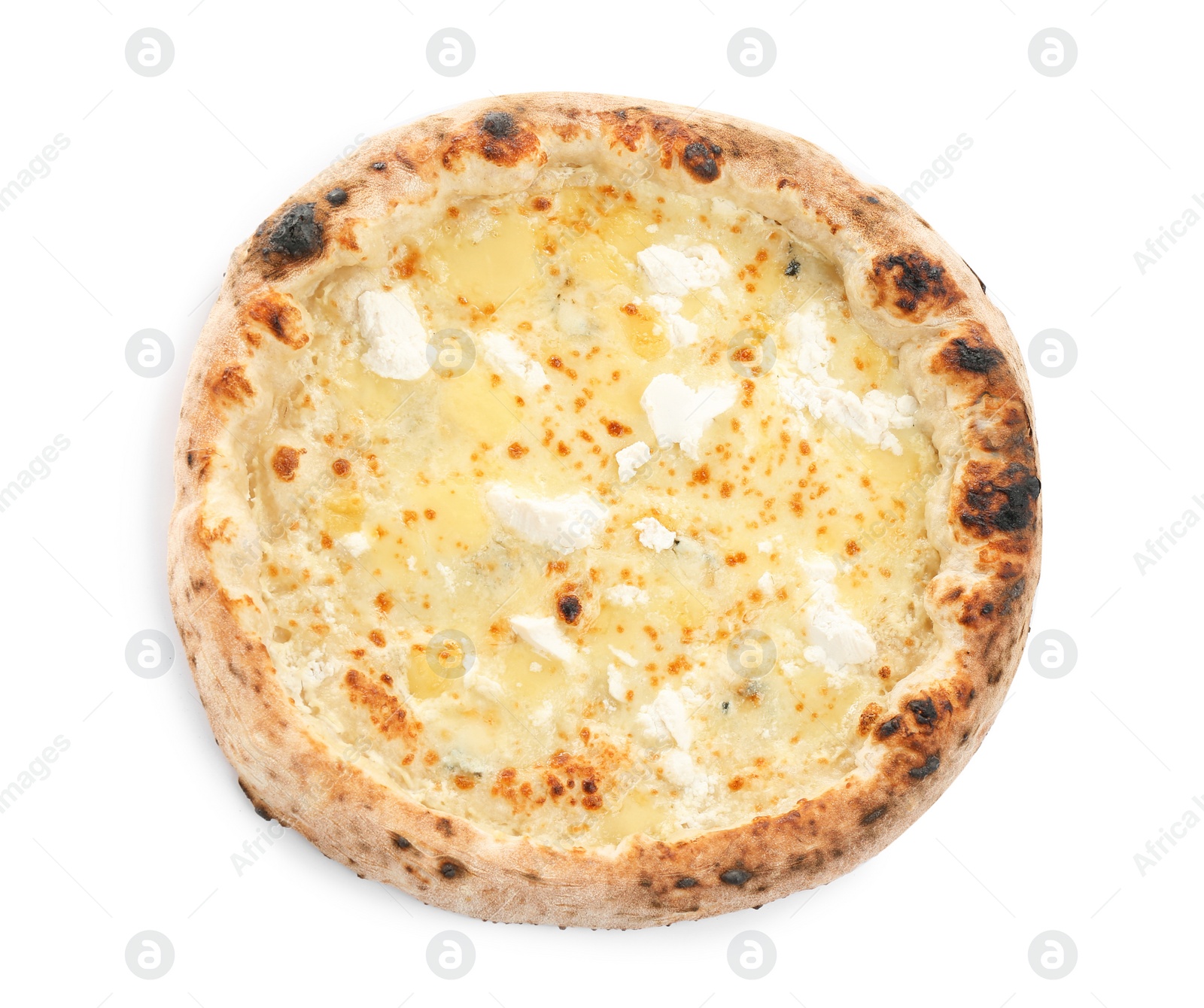 Photo of Delicious cheese pizza isolated on white, top view