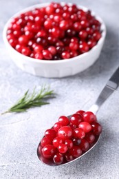 Photo of Fresh ripe cranberries on grey table, closeup