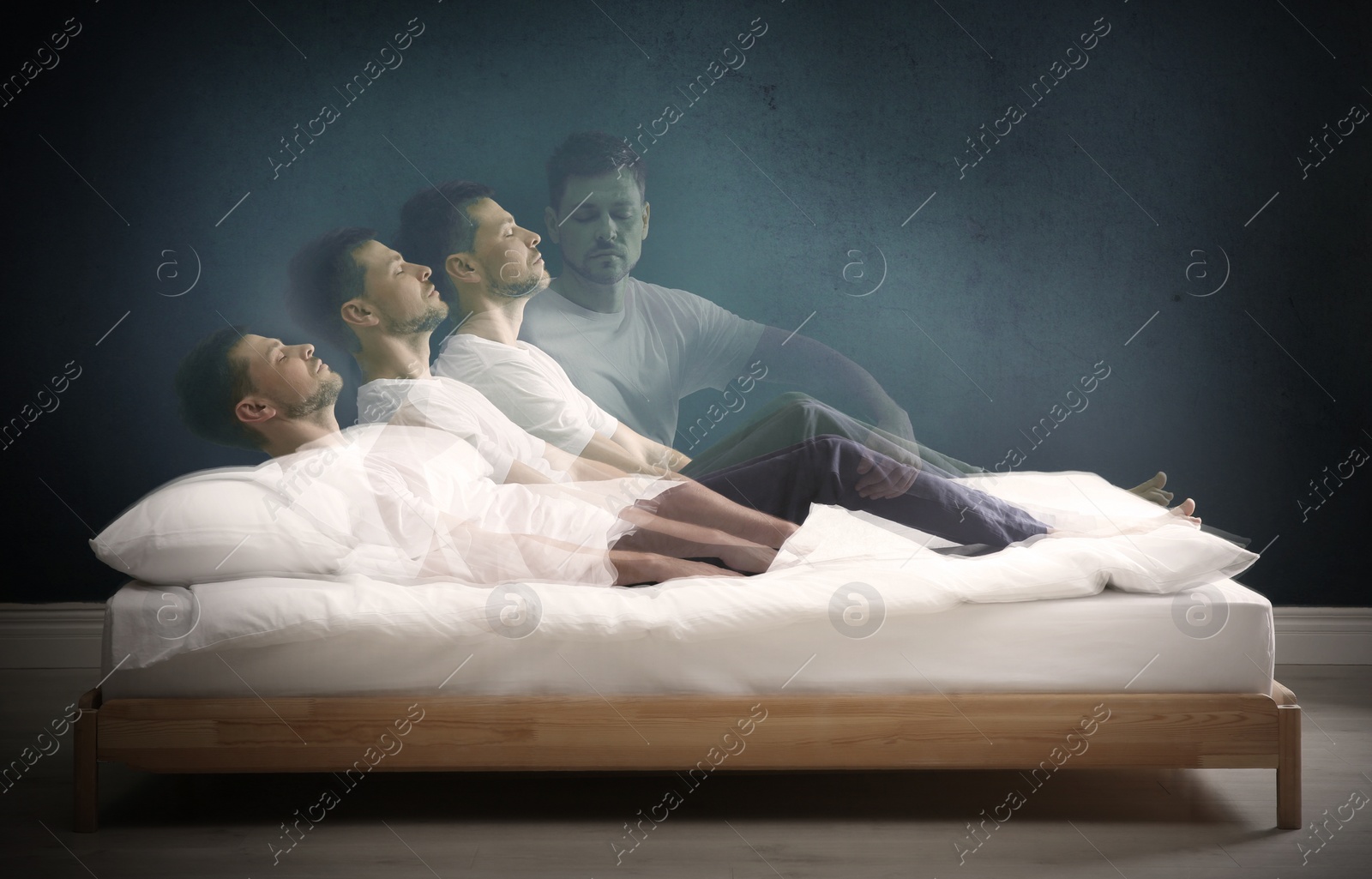 Image of Somnambulist rising from bed near dark wall indoors, multiple exposure. Sleepwalking