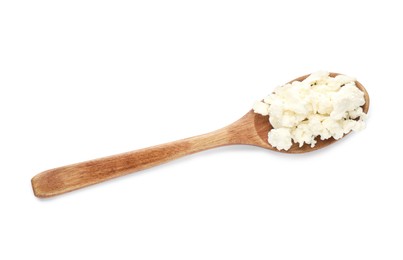 Delicious fresh cottage cheese in spoon isolated on white, top view